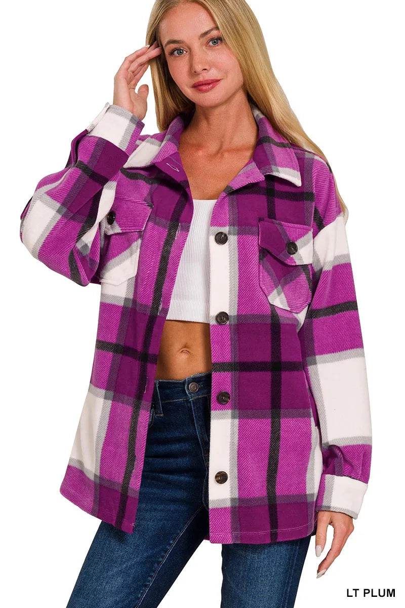 Zenana Oversized Plaid Fleece Light Plum Shacket – Women’s Fall Jacket by Rosa Apparel - Rosa Apparel