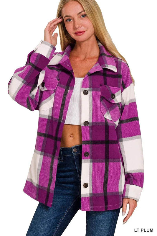 Zenana Oversized Plaid Fleece Light Plum Shacket – Women’s Fall Jacket by Rosa Apparel - Rosa Apparel