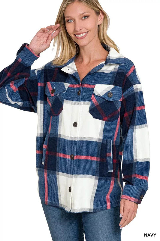 Zenana Oversized Plaid Fleece Navy Shacket – Women’s Fall Jacket by Rosa Apparel - Rosa Apparel