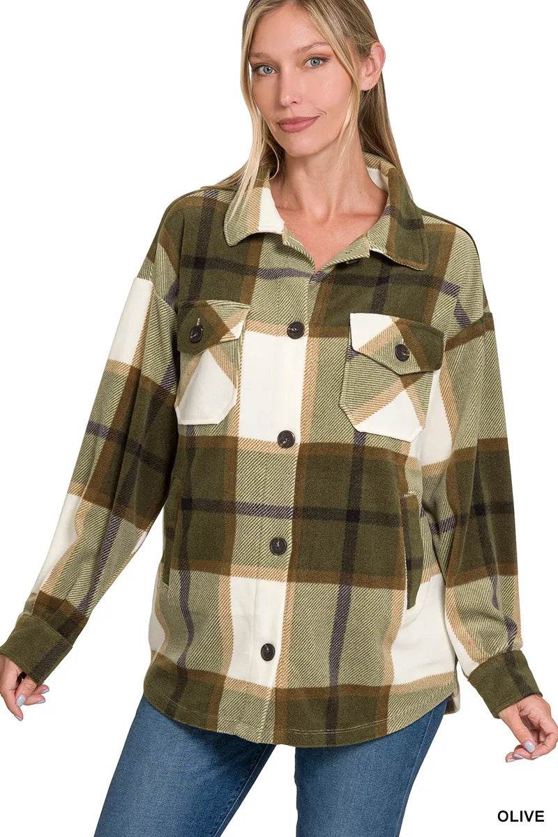 Zenana Oversized Plaid Fleece Olive Shacket – Women’s Button-Up Flannel by Rosa Apparel - Rosa Apparel