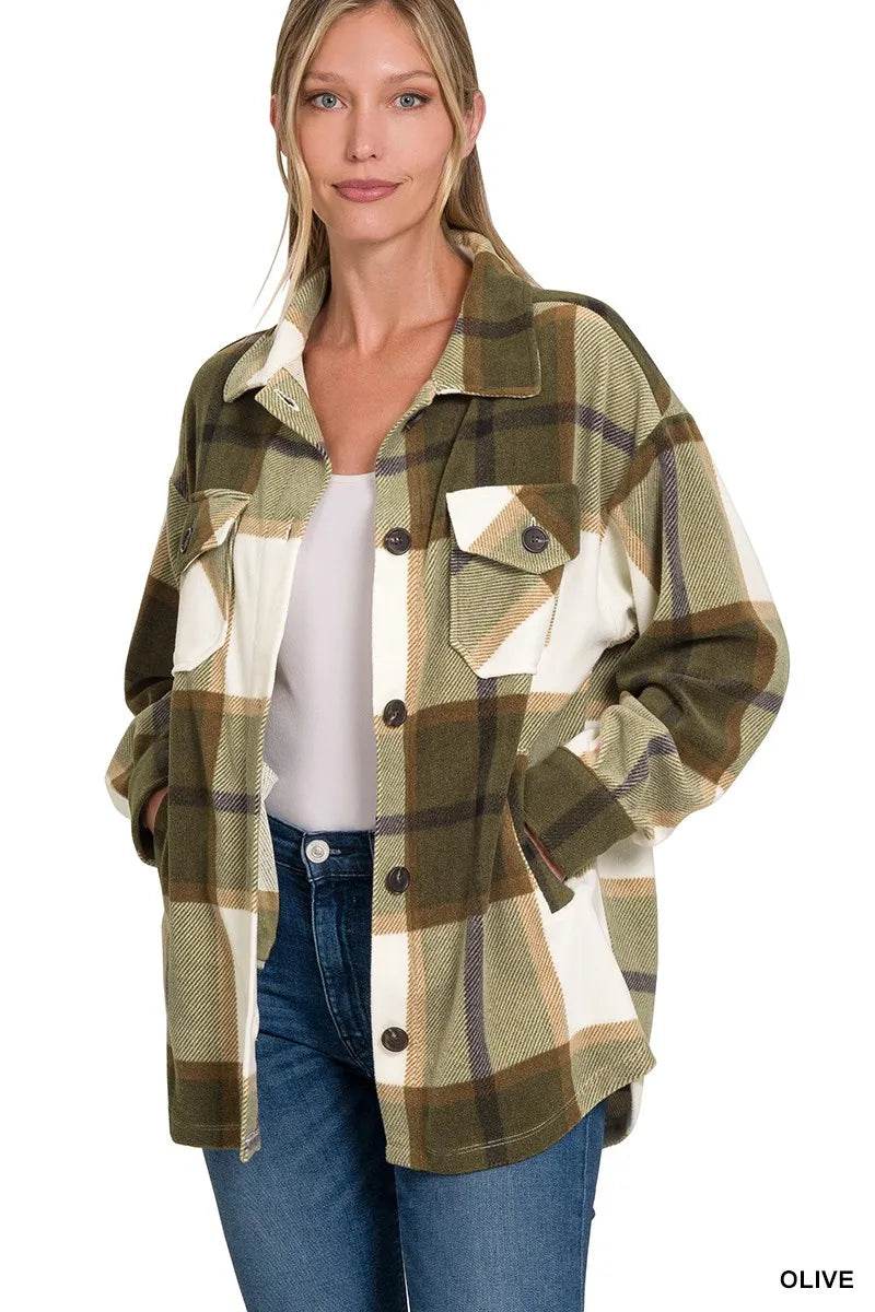 Zenana Oversized Plaid Fleece Olive Shacket – Women’s Button-Up Flannel by Rosa Apparel - Rosa Apparel