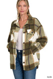Zenana Oversized Plaid Fleece Olive Shacket – Women’s Button-Up Flannel by Rosa Apparel - Rosa Apparel