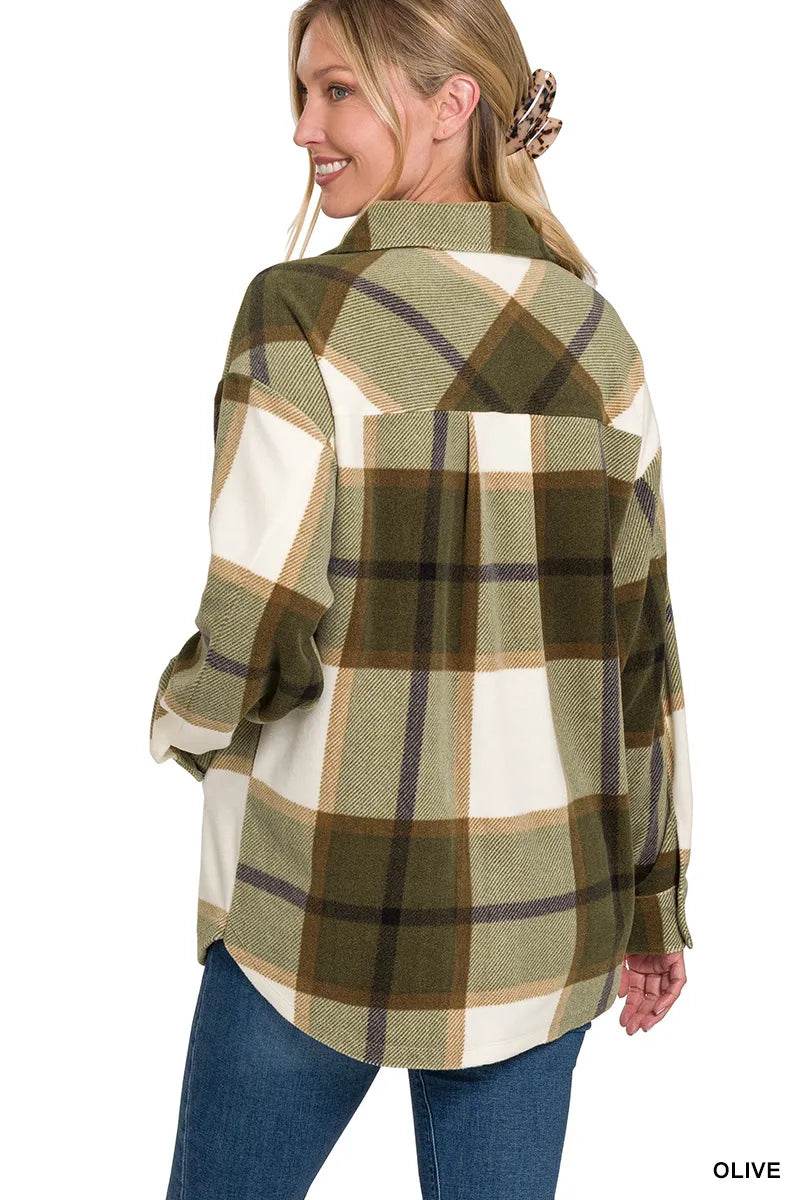 Zenana Oversized Plaid Fleece Olive Shacket – Women’s Button-Up Flannel by Rosa Apparel - Rosa Apparel