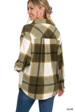 Zenana Oversized Plaid Fleece Olive Shacket – Women’s Button-Up Flannel by Rosa Apparel - Rosa Apparel