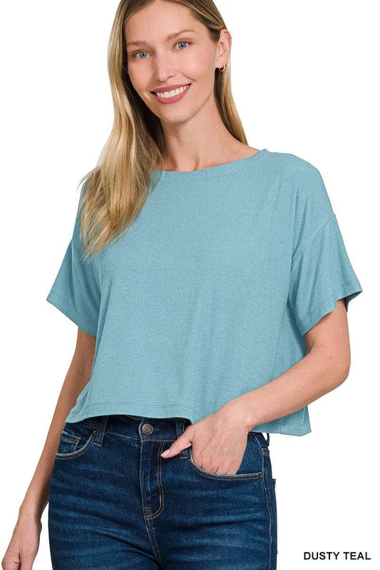 Zenana Ribbed Round-Neck Crop T-Shirt - Rosa Apparel