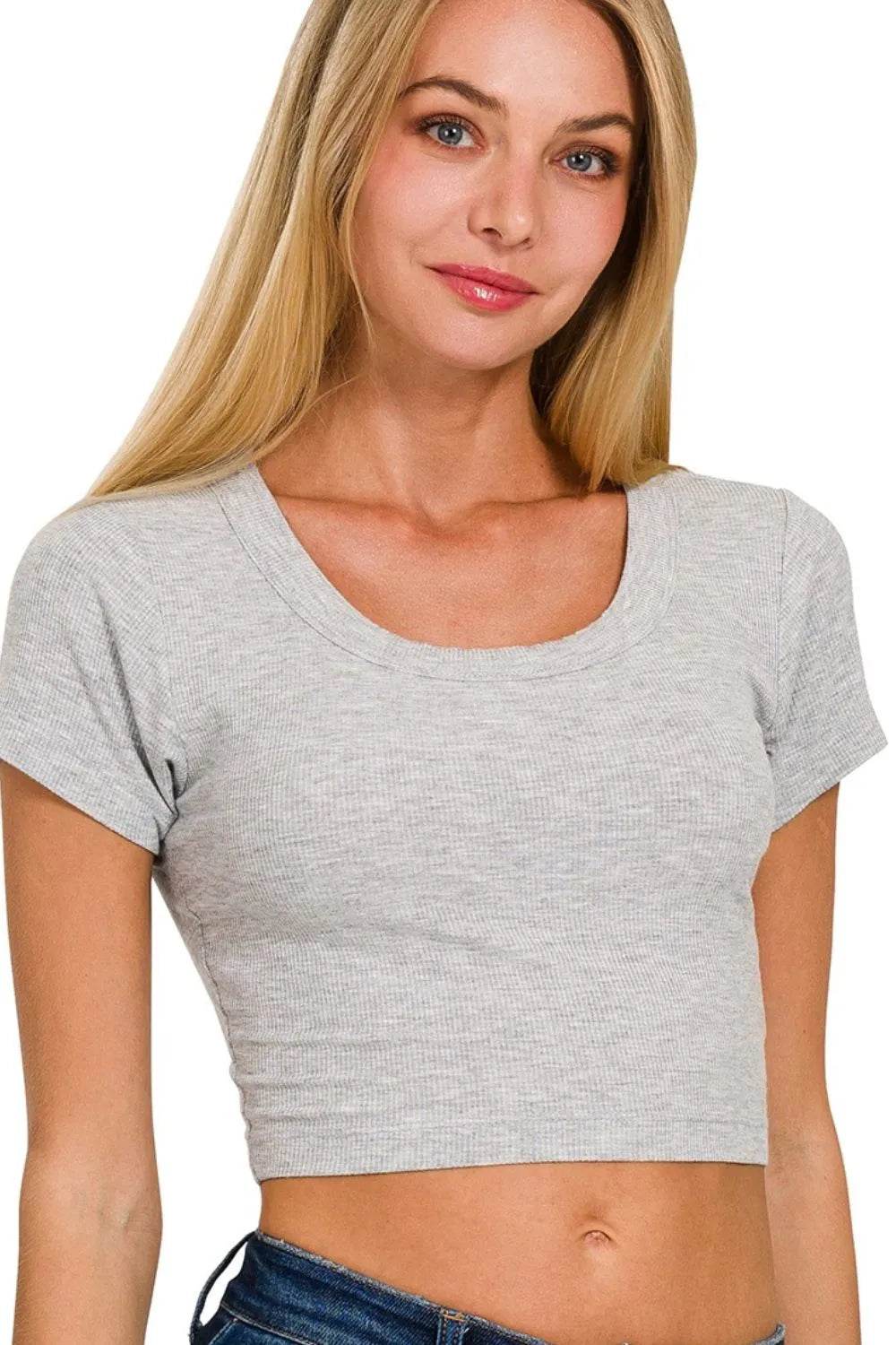 Zenana Ribbed Scoop Neck Crop Short Sleeve Top - Rosa Apparel