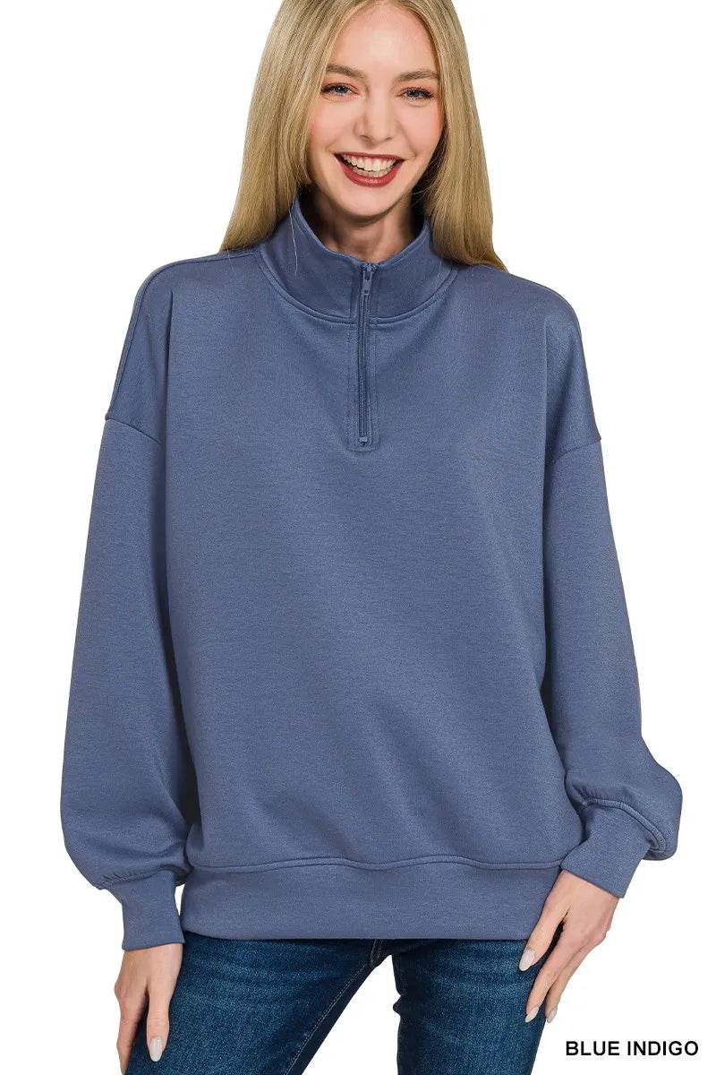 Zenana Scuba Quarter-Zip Sweatshirt – Blue Indigo | Women’s Casual Top by Rosa Apparel - Rosa Apparel