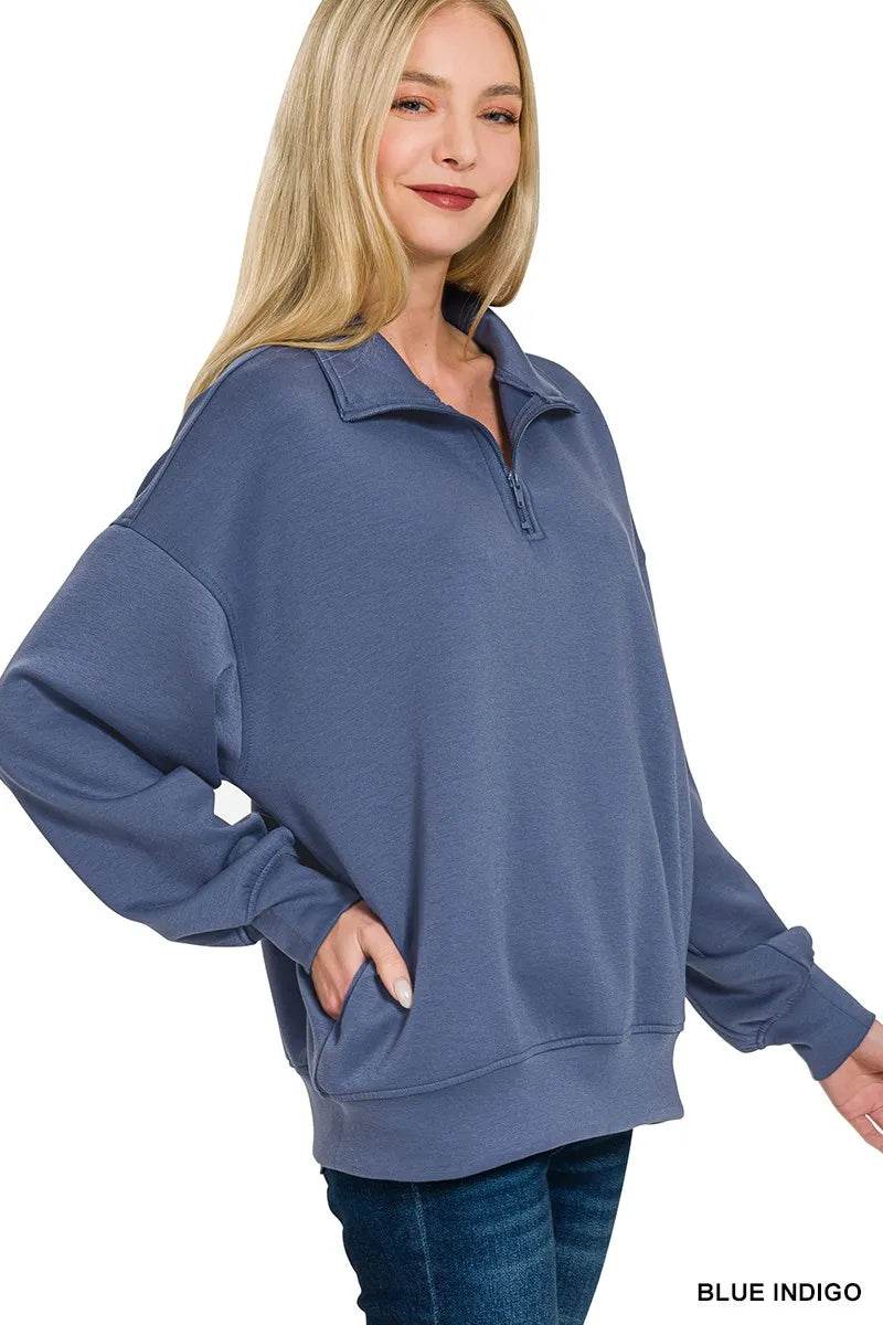 Zenana Scuba Quarter-Zip Sweatshirt – Blue Indigo | Women’s Casual Top by Rosa Apparel - Rosa Apparel