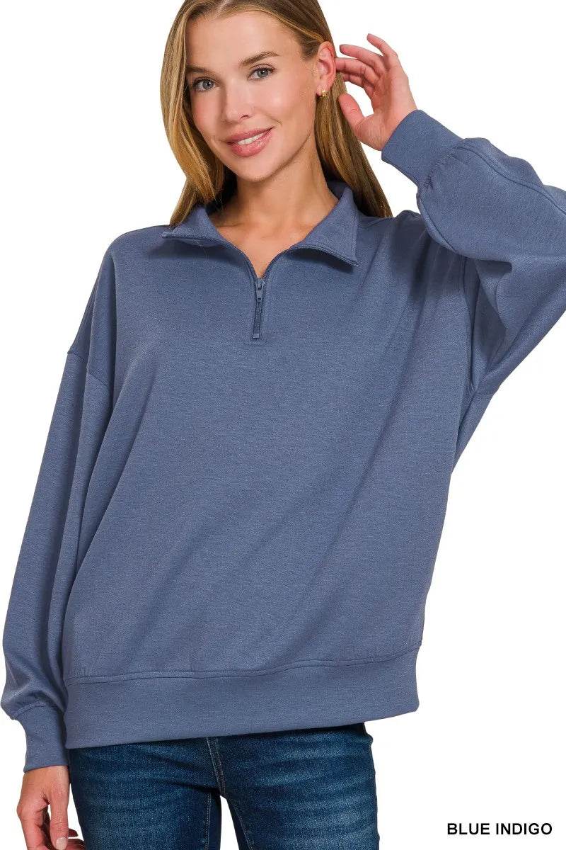 Zenana Scuba Quarter-Zip Sweatshirt – Blue Indigo | Women’s Casual Top by Rosa Apparel - Rosa Apparel
