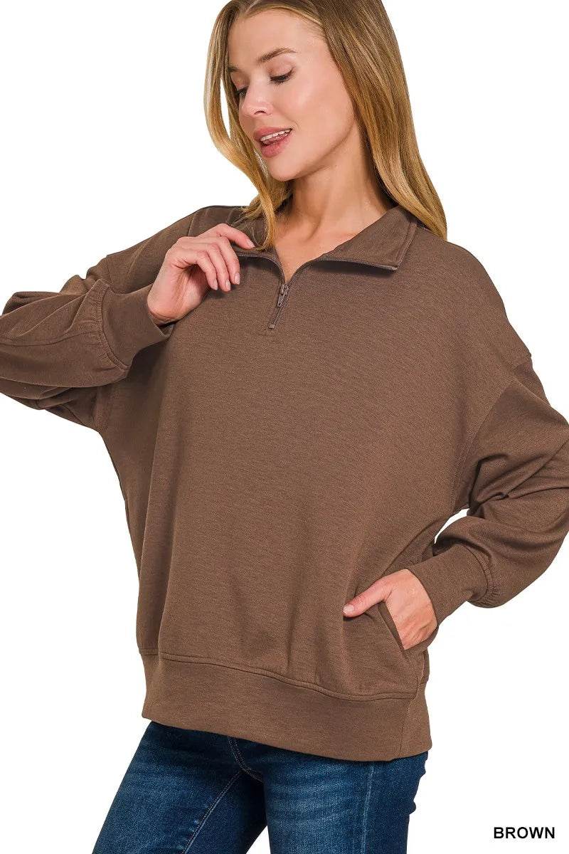 Zenana Scuba Quarter-Zip Sweatshirt – Brown | Women’s Casual Top by Rosa Apparel - Rosa Apparel