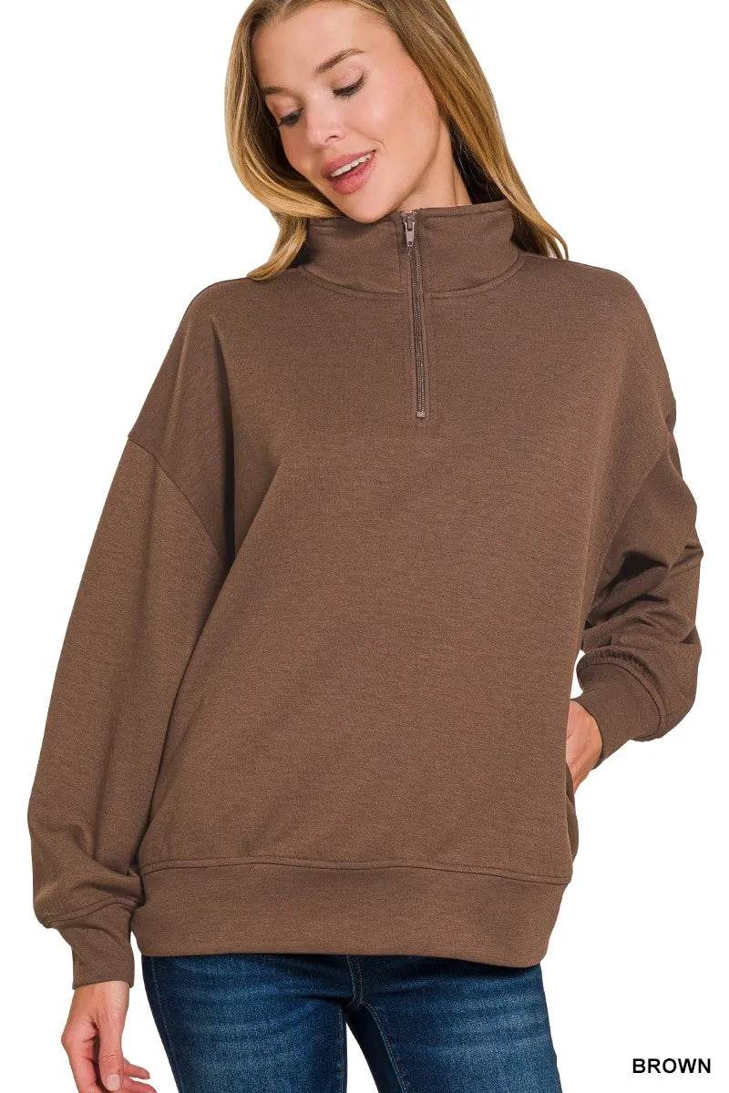 Zenana Scuba Quarter-Zip Sweatshirt – Brown | Women’s Casual Top by Rosa Apparel - Rosa Apparel