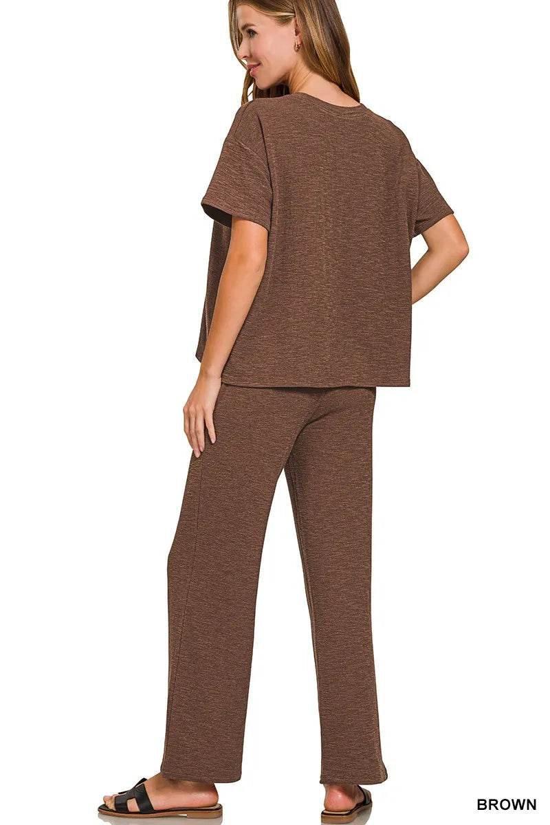 Zenana Slub Short Sleeve T-Shirt and Pants Set - Rosa Apparel