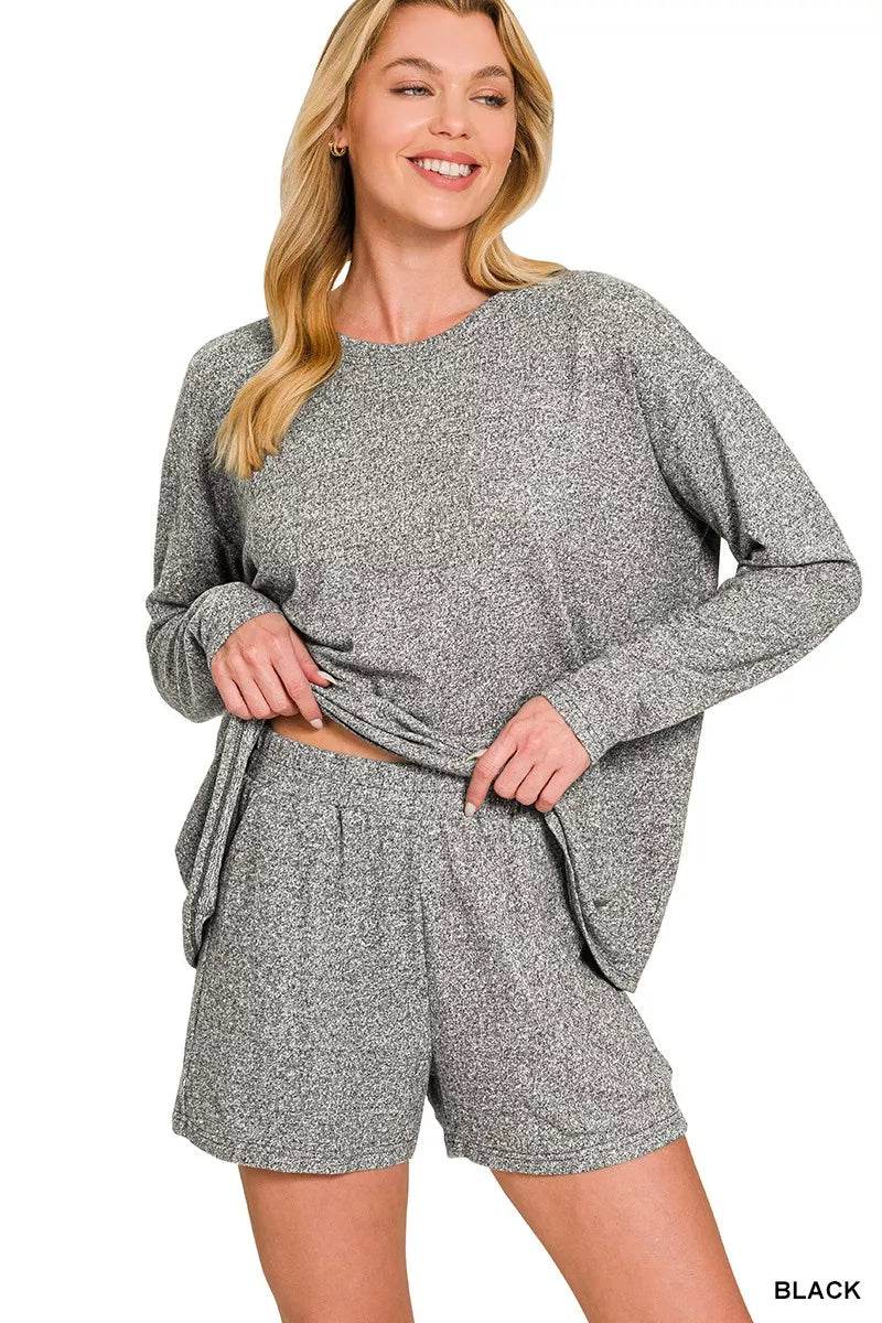 Zenana Soft Melange Long Sleeve Tee and Shorts Set - Rosa Apparel