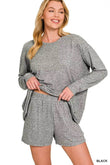 Zenana Soft Melange Long Sleeve Tee and Shorts Set - Rosa Apparel