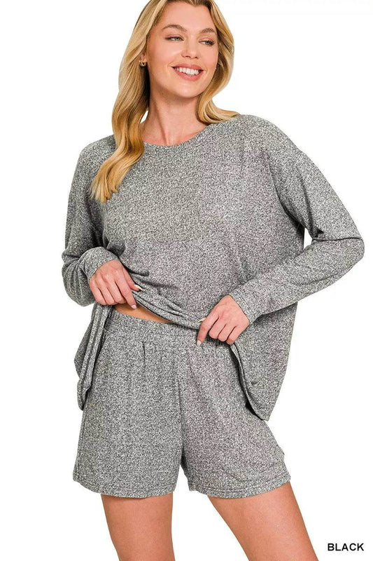 Zenana Soft Melange Long Sleeve Tee and Shorts Set - Rosa Apparel