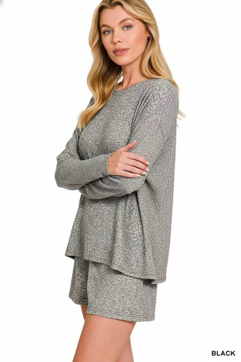 Zenana Soft Melange Long Sleeve Tee and Shorts Set - Rosa Apparel