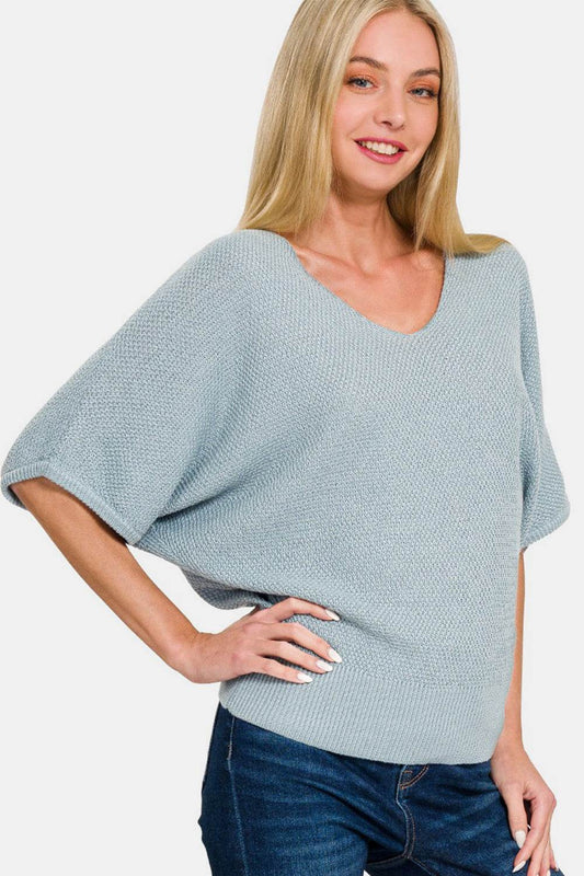 Zenana V-Neck Short Sleeve Dolman Sweater - Rosa Apparel