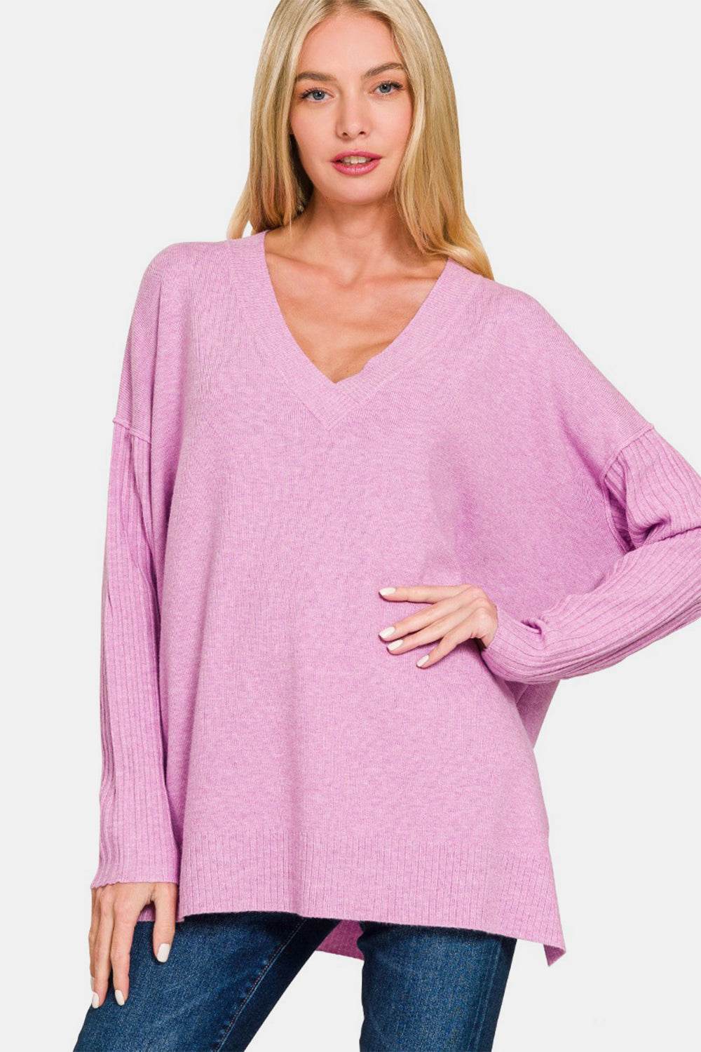 Zenana V-Neck Side Slit High-Low Sweater - Rosa Apparel