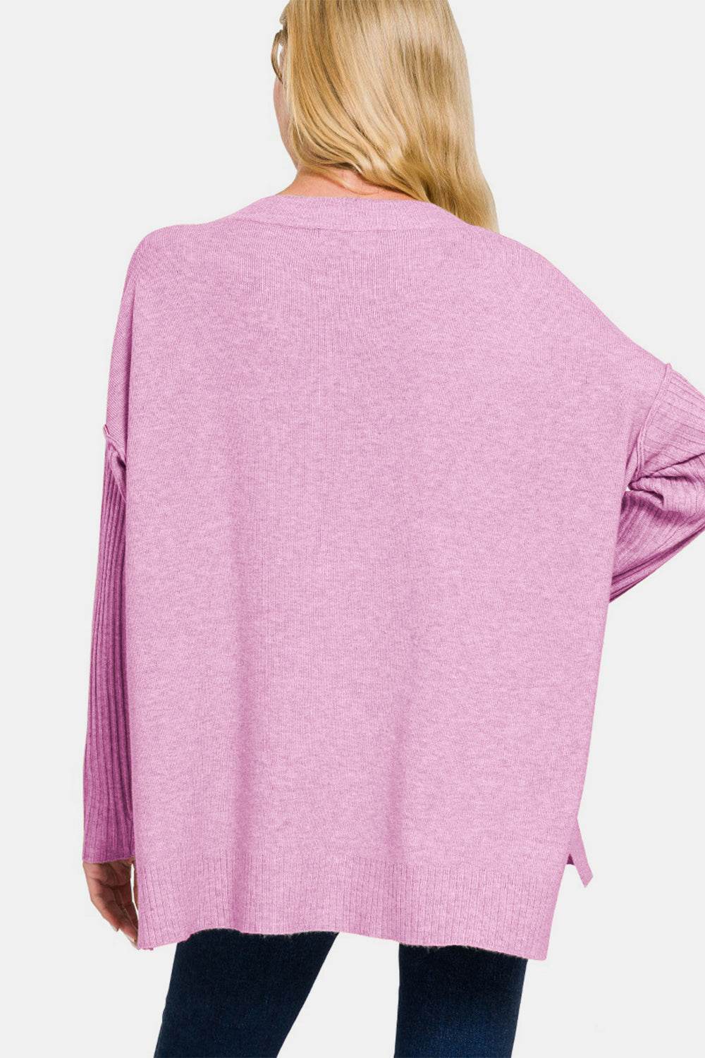 Zenana V-Neck Side Slit High-Low Sweater - Rosa Apparel