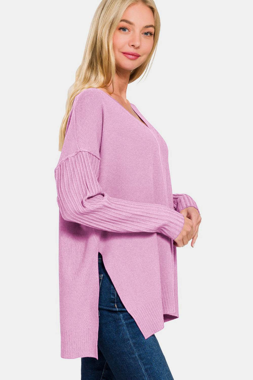 Zenana V-Neck Side Slit High-Low Sweater - Rosa Apparel