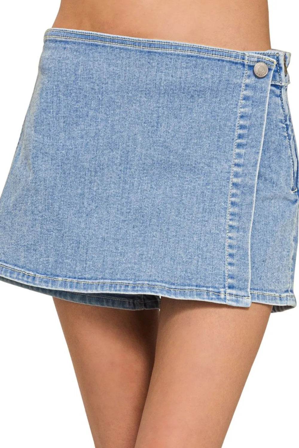 Zenana Wrap Front Skort Denim Shorts - Rosa Apparel