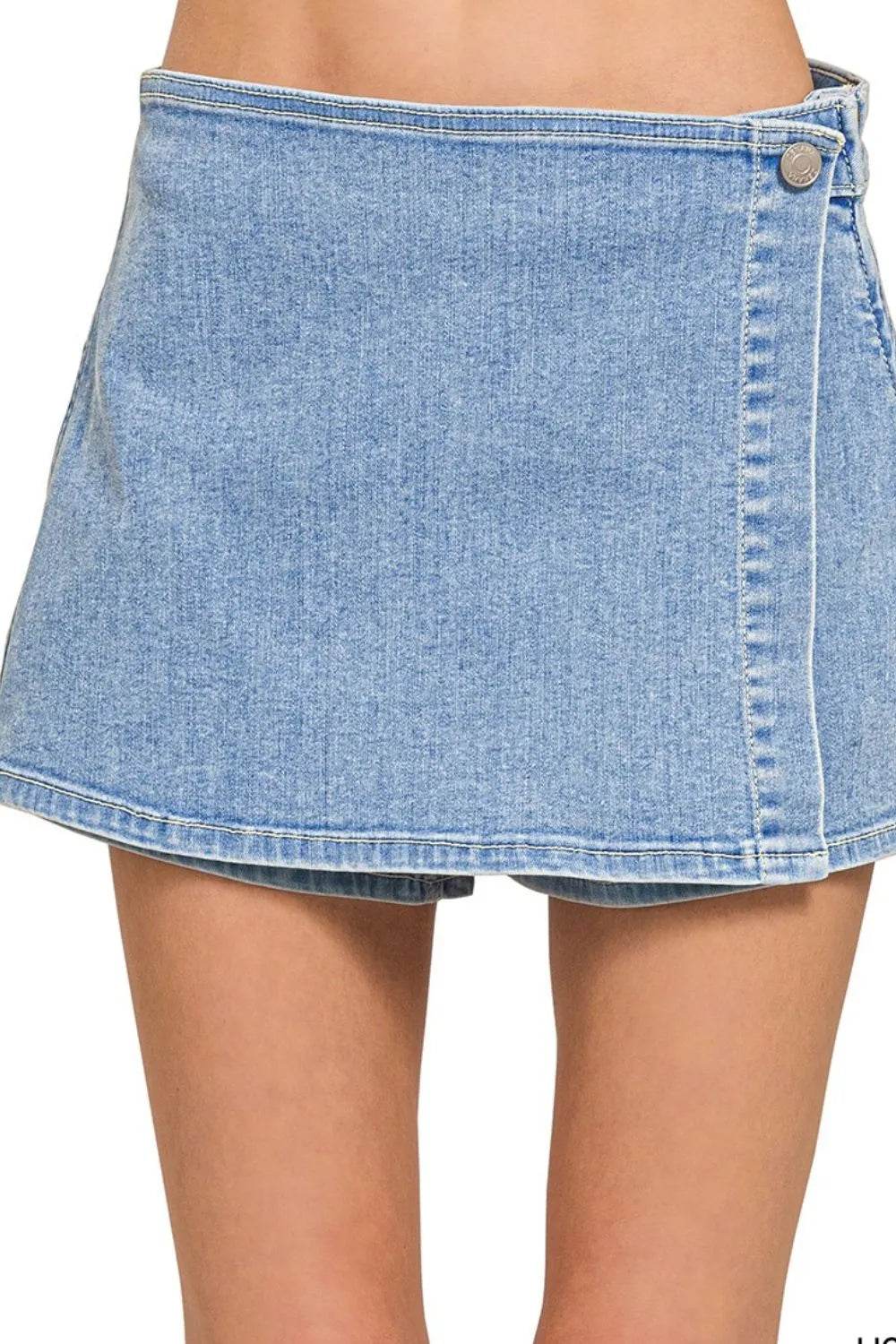 Zenana Wrap Front Skort Denim Shorts - Rosa Apparel