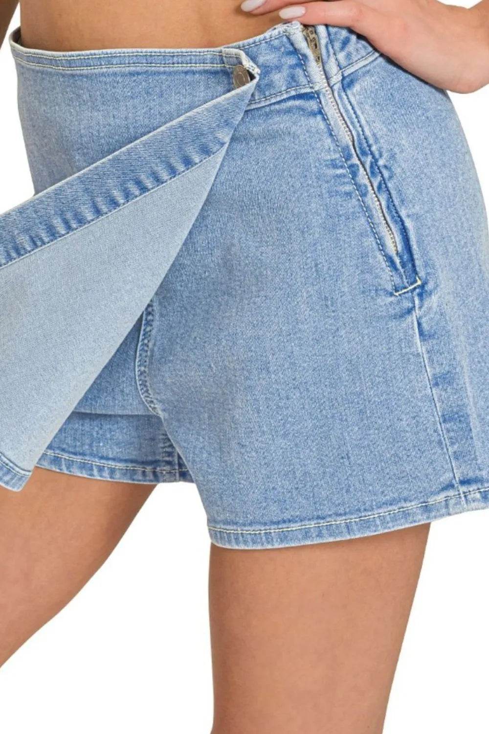 Zenana Wrap Front Skort Denim Shorts - Rosa Apparel