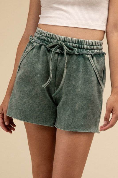 Zenana Acid Wash Fleece Drawstring Shorts with Pockets