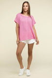 Zenana Brushed Waffle Exposed-Seam Short Sleeve Top - Rosa Apparel