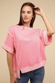 Zenana Casual Contrast Trim Top Stitching Drop Shoulder Loose Top - Rosa Apparel