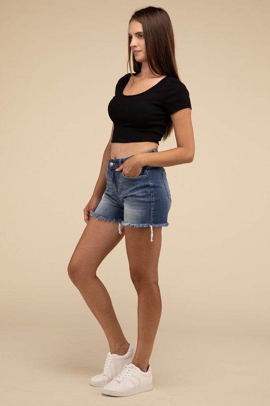 Zenana Casual Mid Rise Raw Frayed Hem Zip Fly Denim Shorts - Rosa Apparel