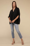 Zenana Casual Woven Airflow V-Neck Puff Half Sleeve Oversized Top - Rosa Apparel