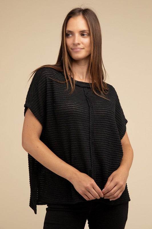 Zenana Dolman Short Sleeve Jacquard Sweater - Rosa Apparel