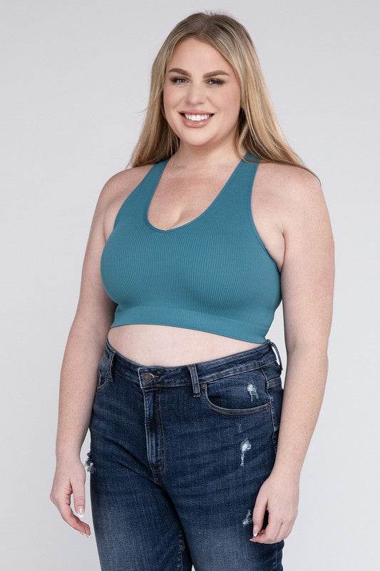 Zenana Plus Ribbed Cropped Racerback V-Neck Tank Top - Rosa Apparel