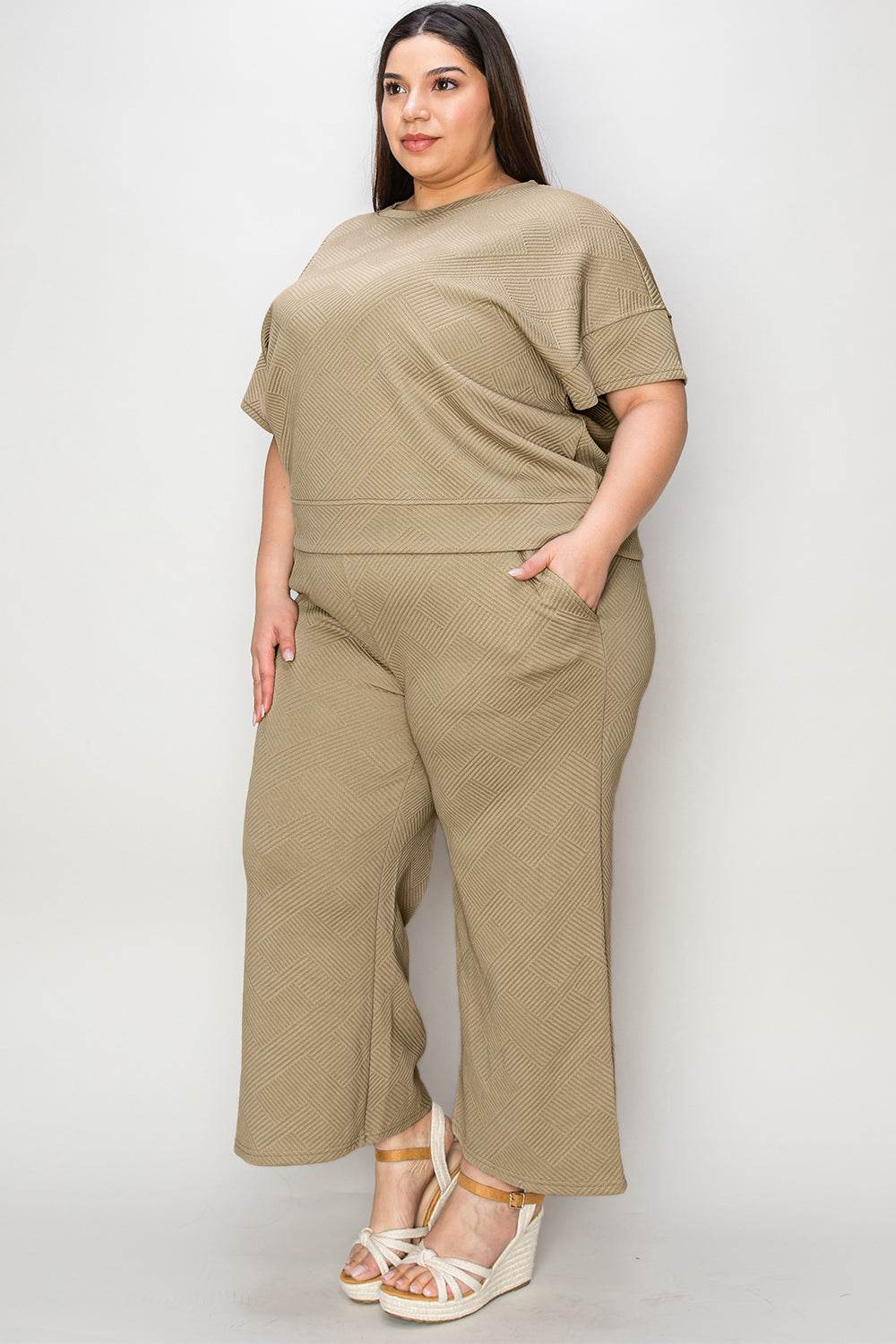 Double Take Full Size Texture Short Sleeve Top and Pants Set - Rosa Apparel