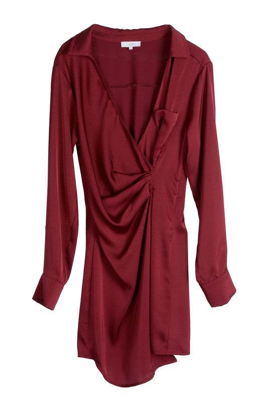 Lilou Satin Collared Wrap Side Zipper Long Sleeves Mini Dress - Rosa Apparel