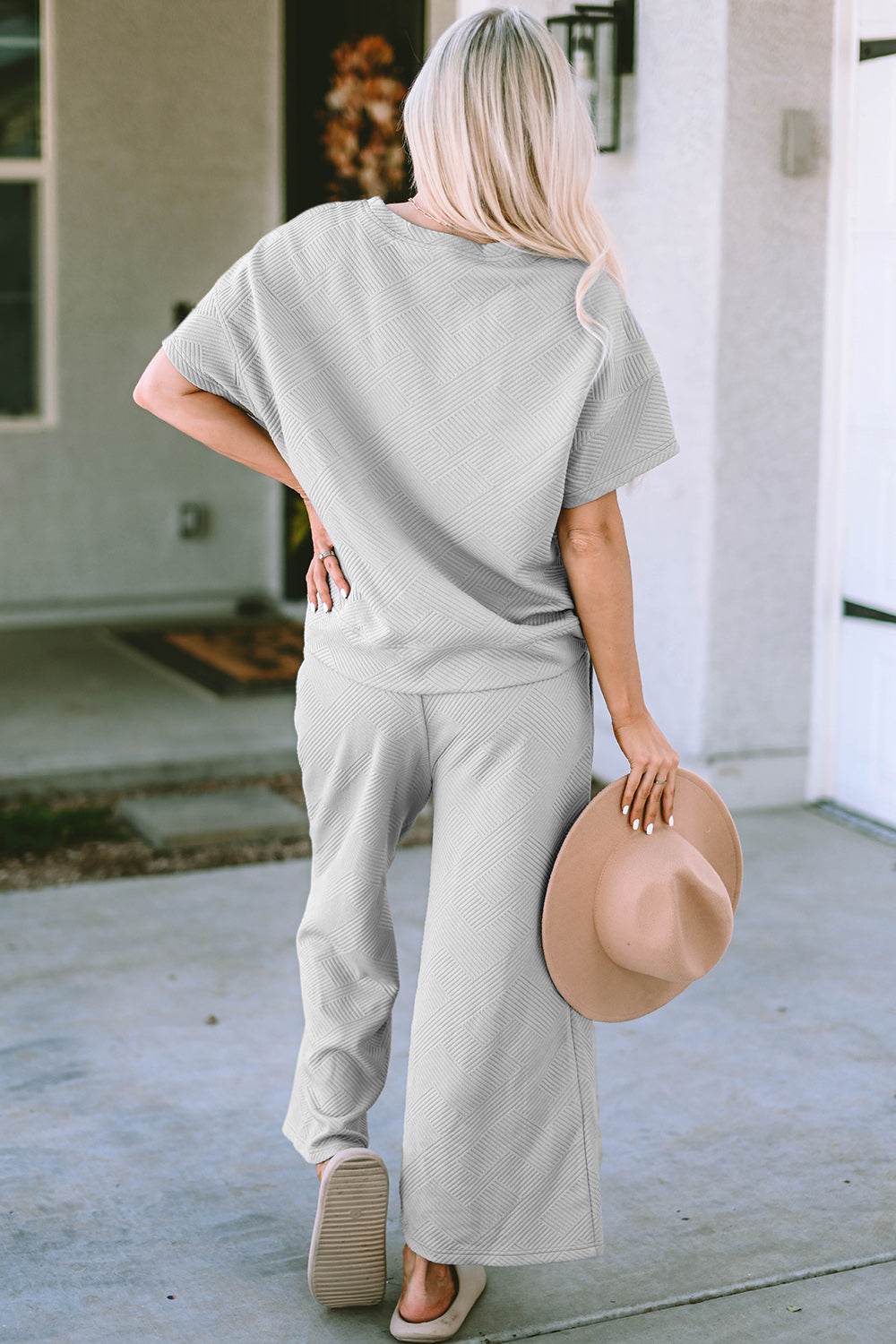 Double Take Full Size Texture Short Sleeve Top and Pants Set - Rosa Apparel
