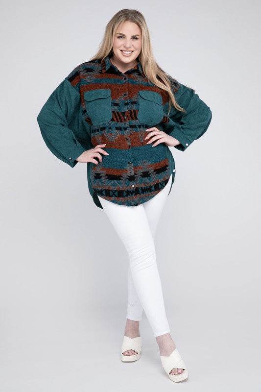 Davi & Dani Plus Printed Button Down Long Sleeve Jacket - Rosa Apparel