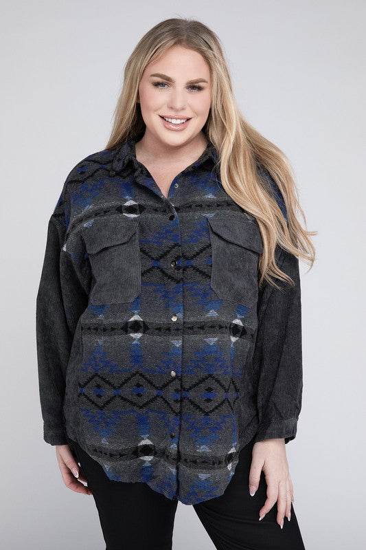 Davi & Dani Plus Printed Button Down Long Sleeve Jacket - Rosa Apparel