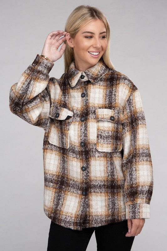Ambiance Cozy Plaid Flannel Regular Fit Collar Shacket - Rosa Apparel