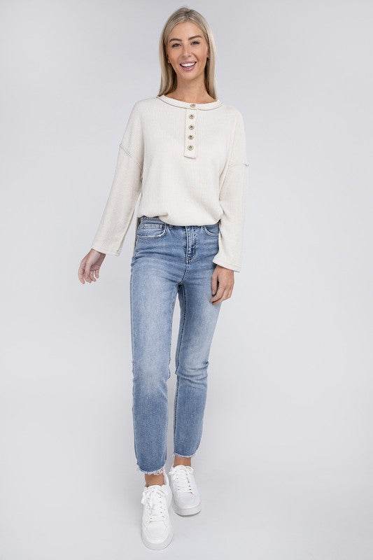 Zenana Ribbed Brushed Melange Hacci Henley Sweater - Rosa Apparel