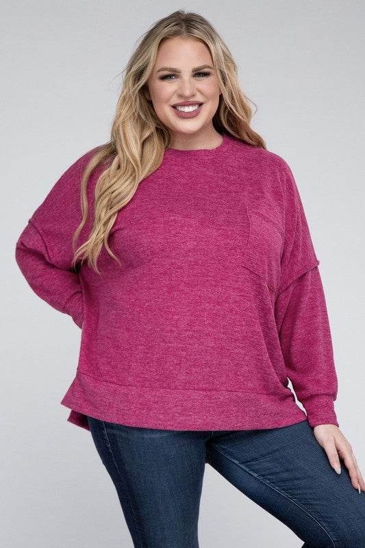 Zenana Plus Brushed Melange Drop Shoulder Sweater - Rosa Apparel