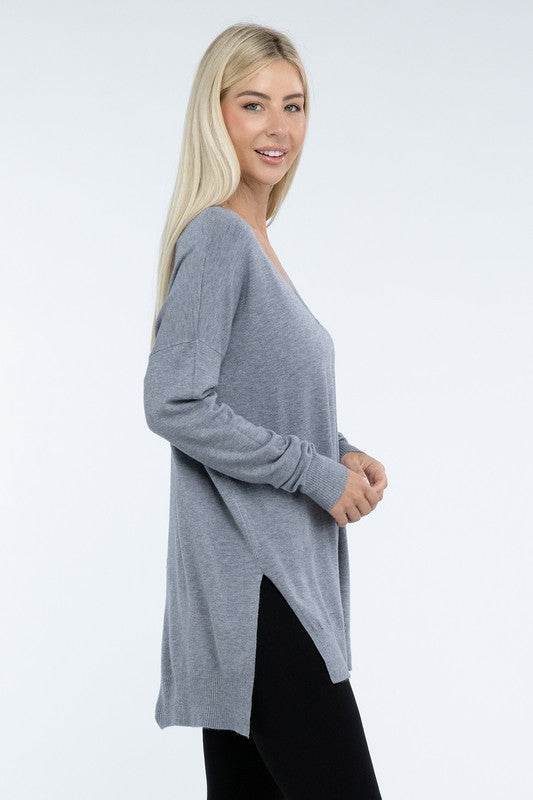 Zenana Hi-Low Hem Front Seam V-Neck Sweater - Rosa Apparel