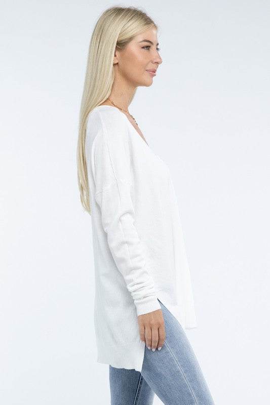 Zenana Hi-Low Hem Front Seam V-Neck Sweater - Rosa Apparel