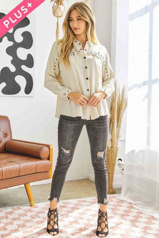 Davi & Dani Plus Distressed Hem Button Down Oversize Shirt - Rosa Apparel