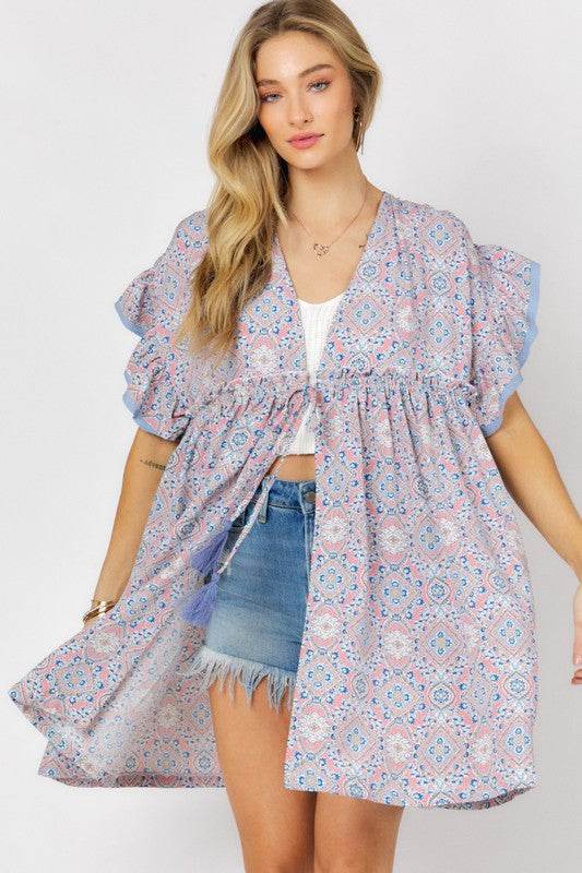 Davi & Dani Printed Short Sleeve Ruffle Kimono - Rosa Apparel