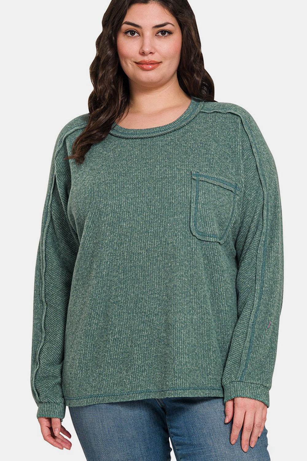 Zenana Full Size Contrast Stitching Brushed Ribbed Hacci Knit Top - Rosa Apparel