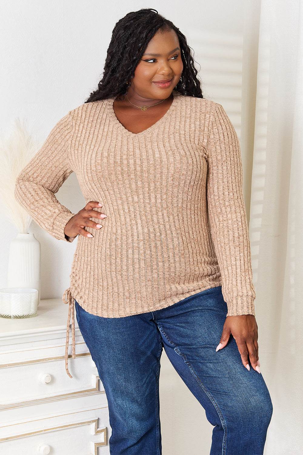 Double Take Drawstring Ribbed Long Sleeve T-Shirt - Rosa Apparel