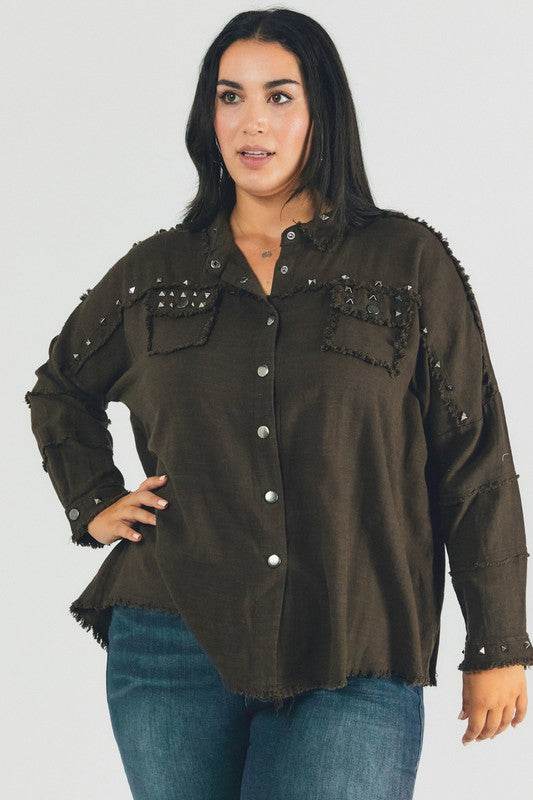 Davi & Dani Plus Distressed Hem Button Down Oversize Shirt - Rosa Apparel