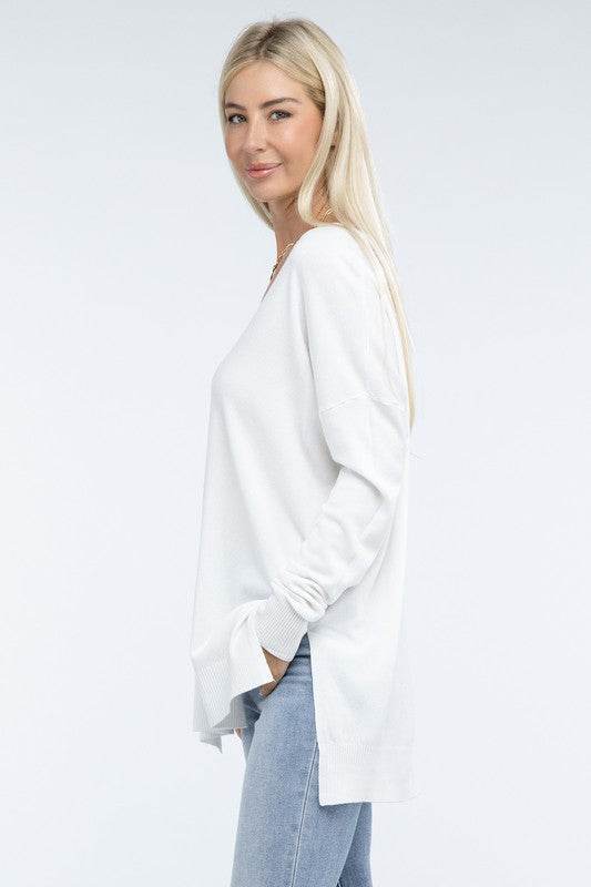 Zenana Hi-Low Hem Front Seam V-Neck Sweater - Rosa Apparel